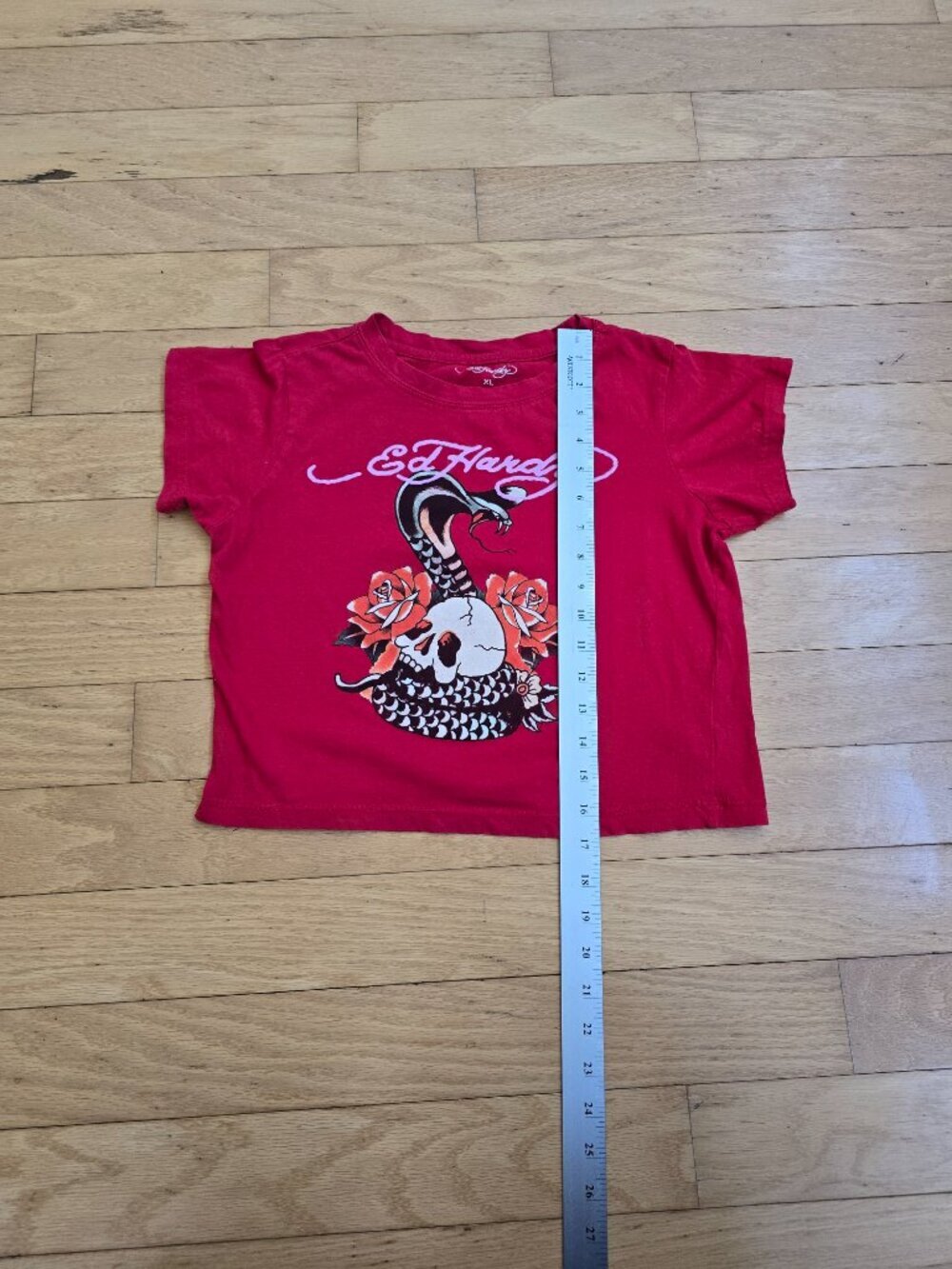vintage Y2K Ed Hardy red grunge cropped fitted t-shirt | WMS XL - Picture 6 of 10